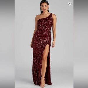 Windsor Burgundy Sequin One-Shoulder Evening Gown